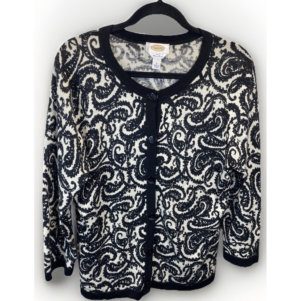 Talbots Merino Wool Size Large Pet Button Cardigan Sweater Black Ivory Paisley